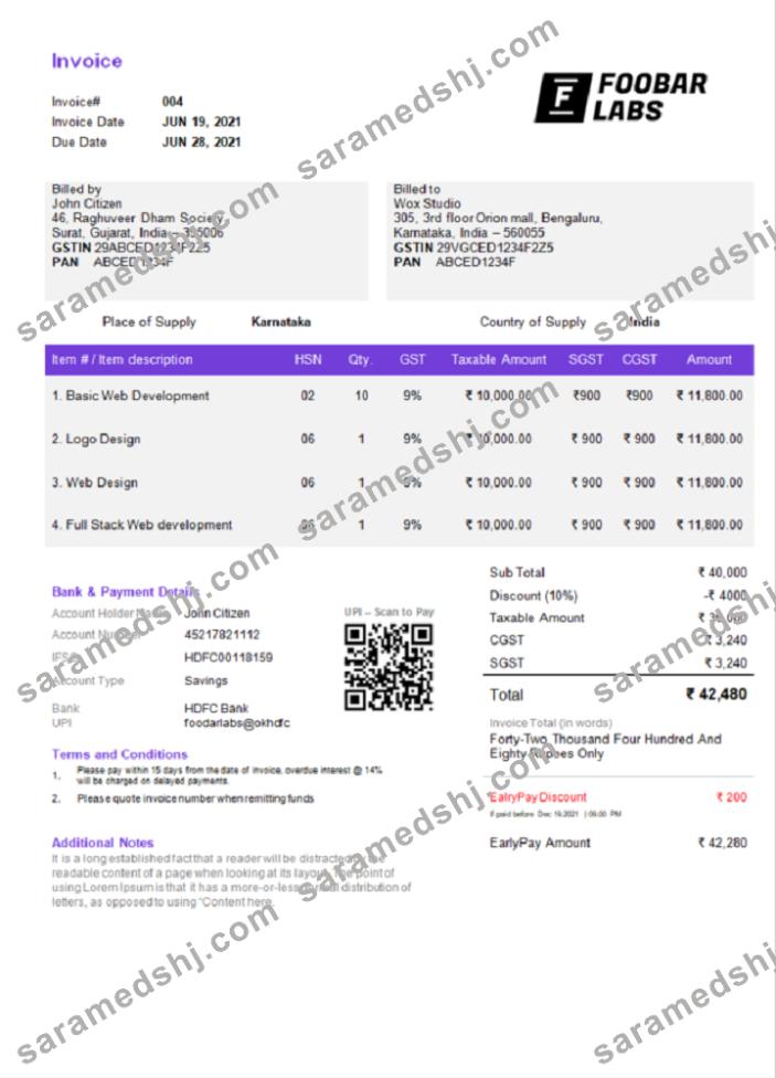 India Foobar Labs Information Technology Company invoice template in Word and PDF format, fully editable, version 2
